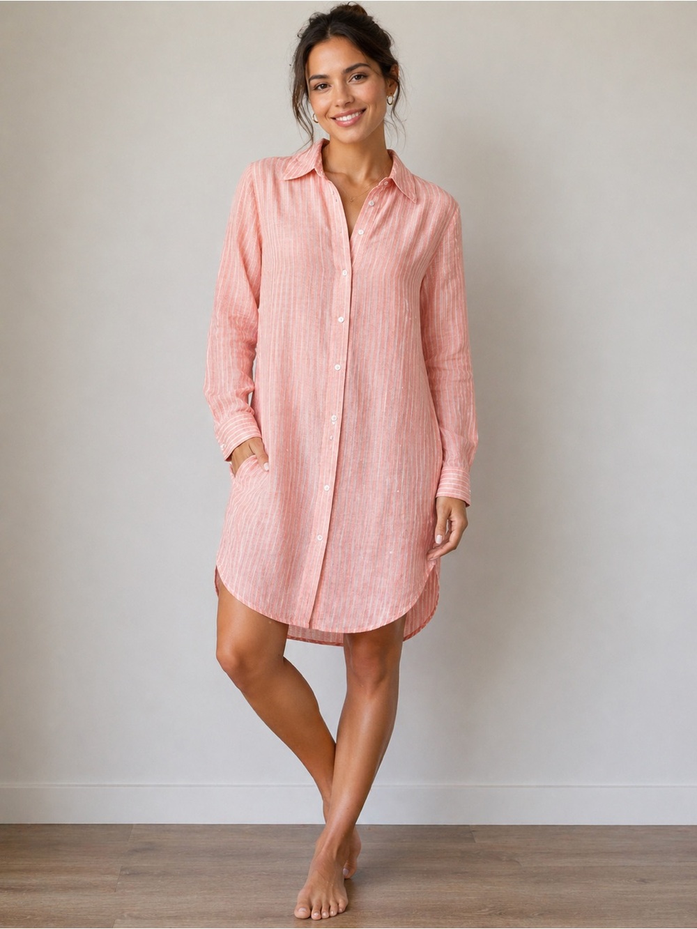 Flats by Jan Niemi Linen Shirt Dress in Coral Pink Medium